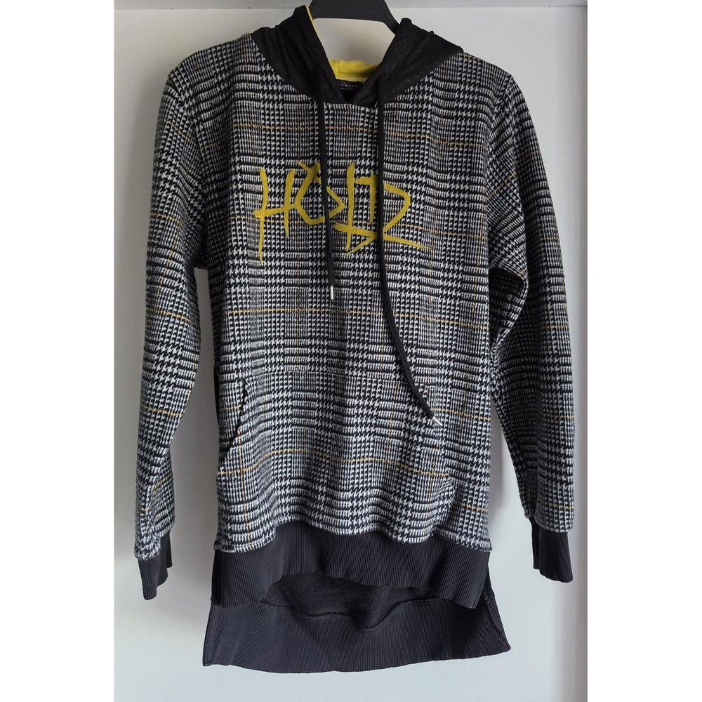 Ron Tomson Hoodie Men L Black Grey Yellow Houndstooth Streetwear Pullover